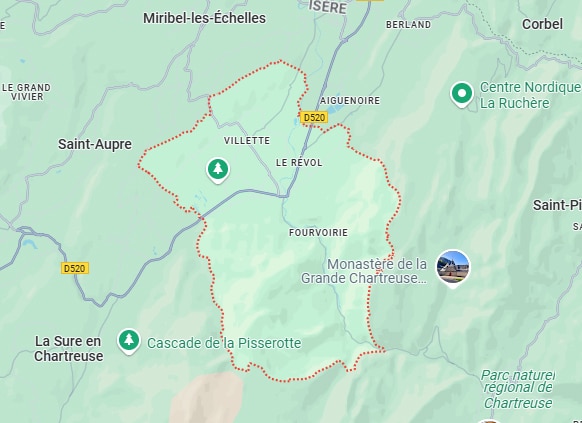 Carte région Grande Chartreuse France: Monastère, Villette, Le Révol, Fourvoirie, Saint-Aupre, D520, Cascade Pisserotte, Parc naturel.