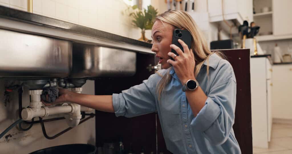 Femme blonde préoccupée au téléphone, tentant de réparer une fuite d'eau sous l'évier de cuisine avec un chiffon.