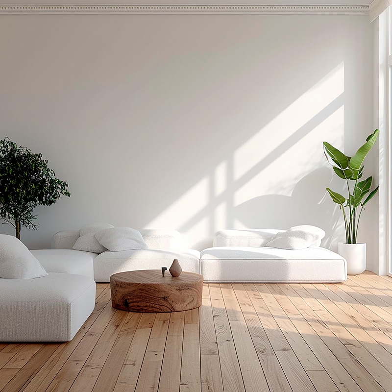 Salon minimaliste lumineux: canapé blanc modulaire, table basse bois brut, grandes plantes vertes, ombres sur mur blanc, parquet clair.